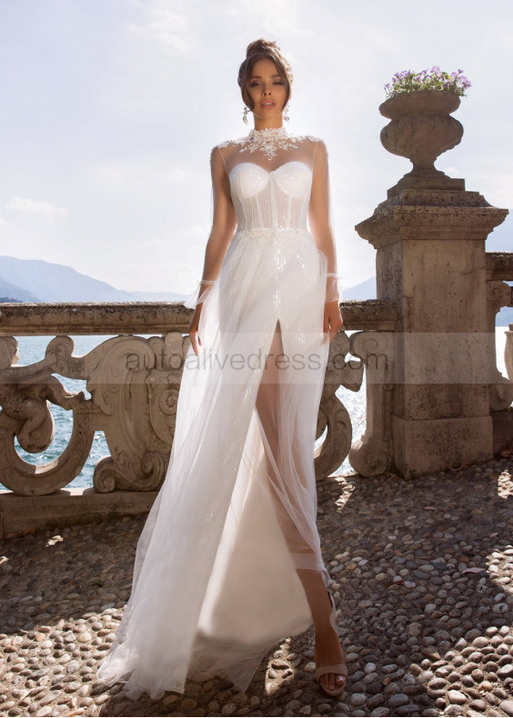 White Sequin Slit Wedding Dress With Detachable Train